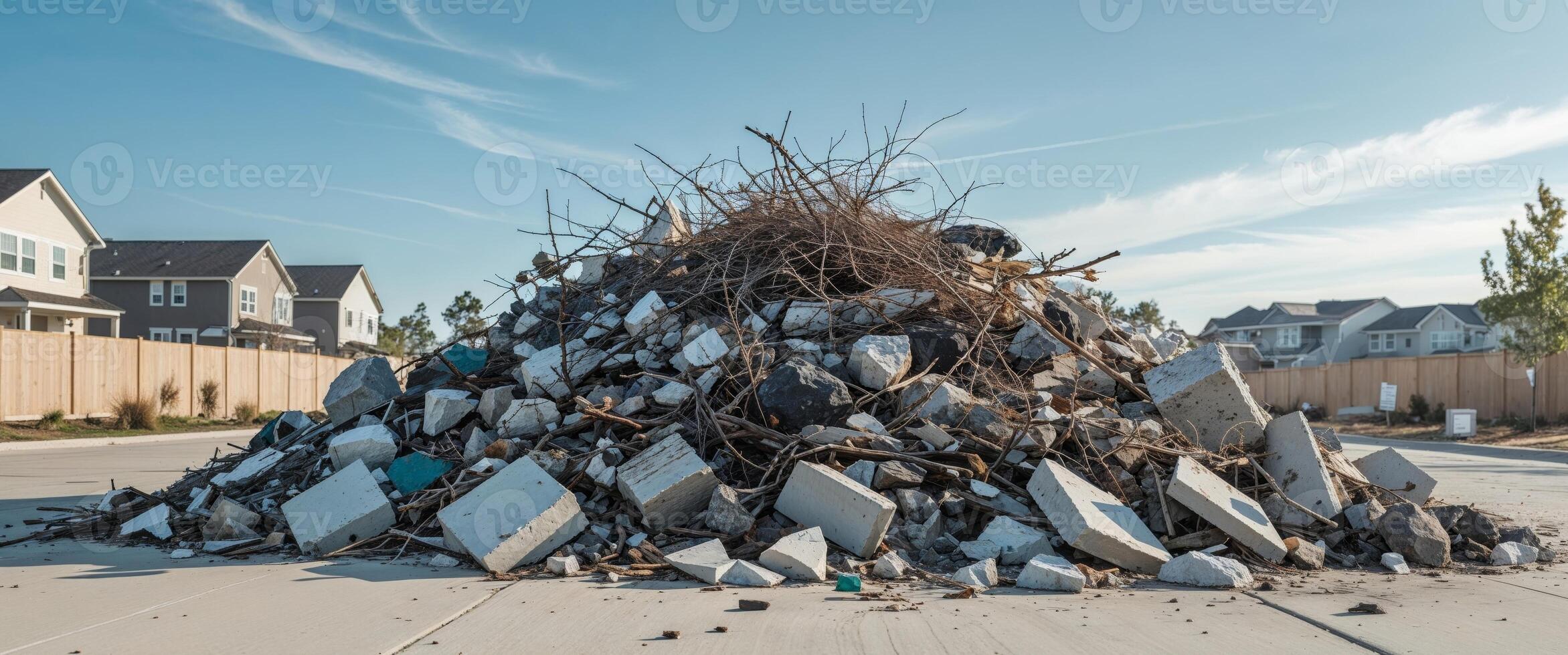 A pile of debris in front of a house photo