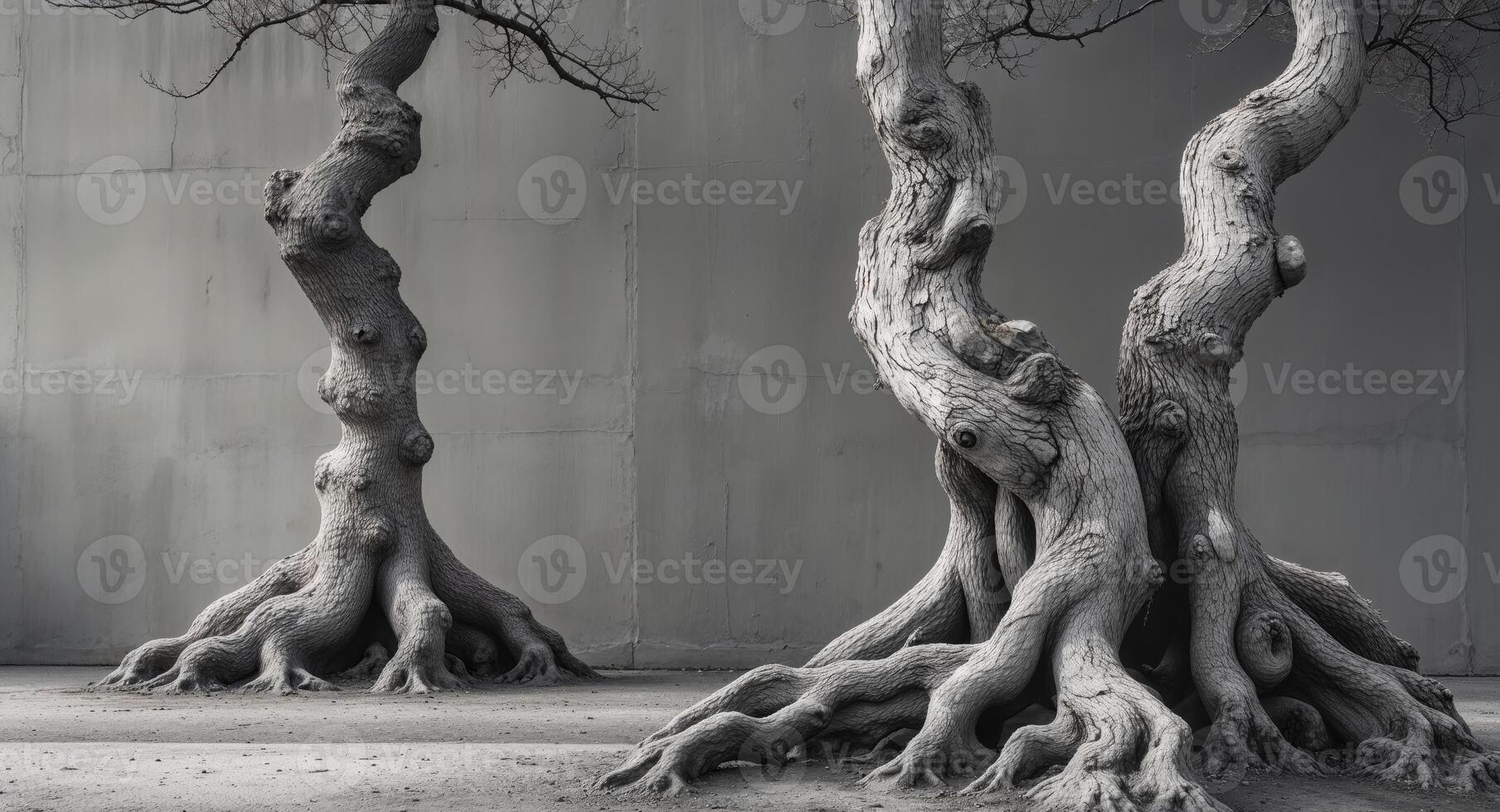 Two trees with their roots exposed in front of a wall photo