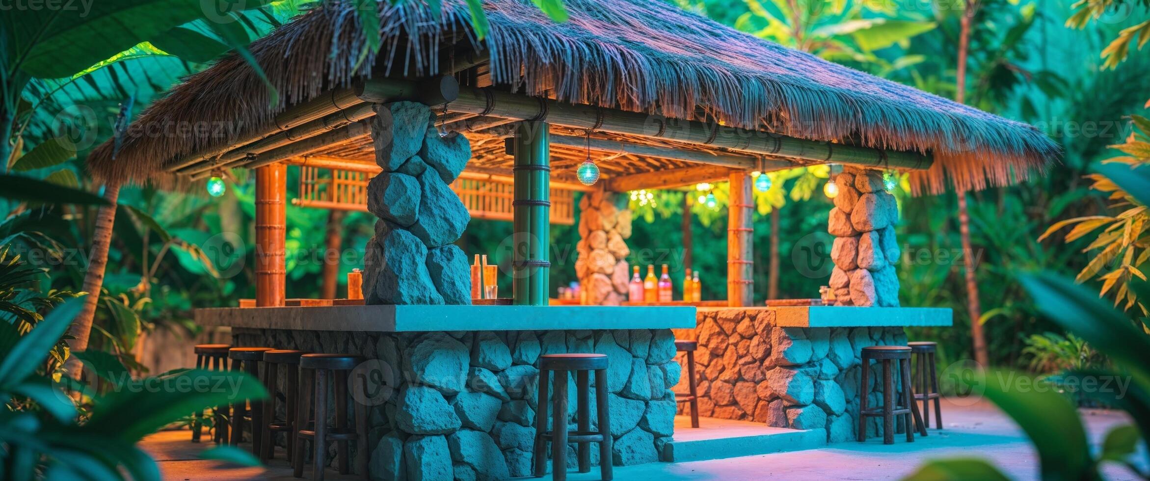 A bar in the middle of a tropical jungle photo