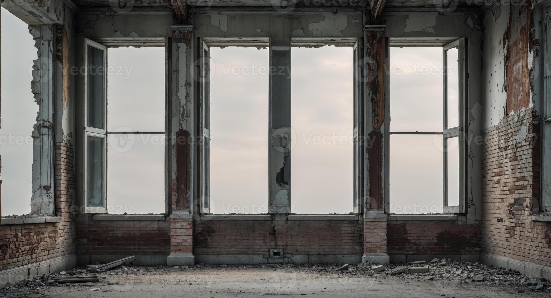An empty room with windows and a broken wall photo