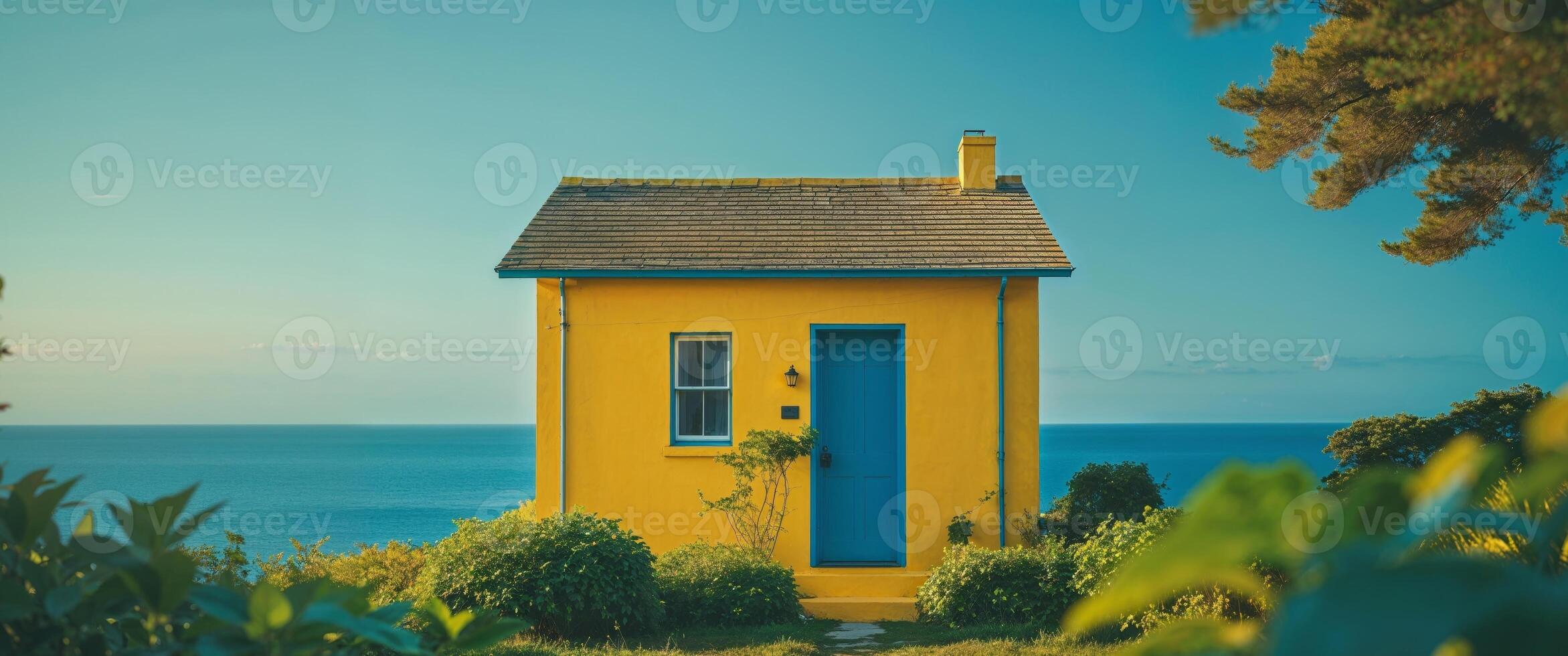 A small yellow house sits on the side of a hill overlooking the ocean photo