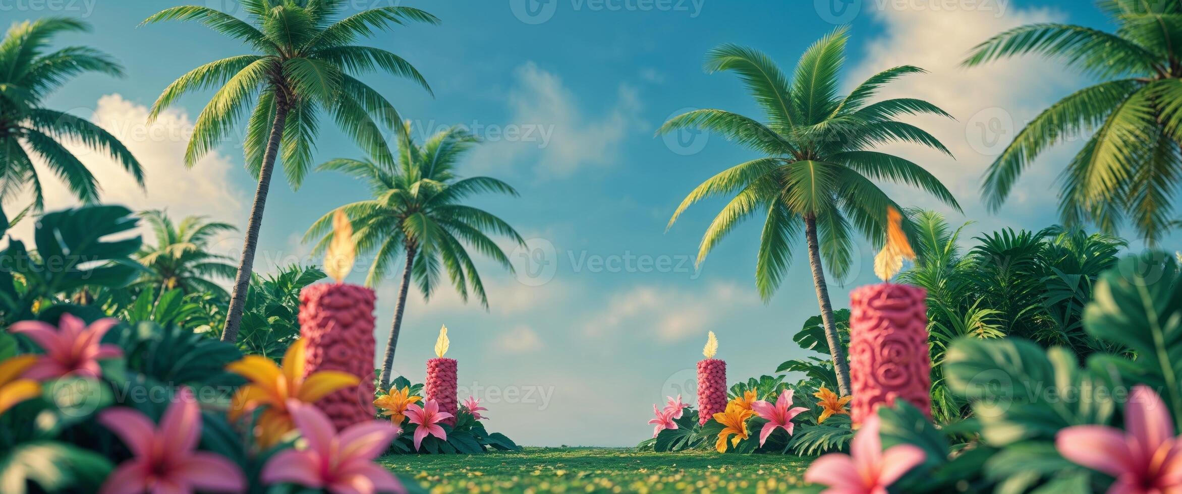 Tropical palm trees and flowers in a field photo