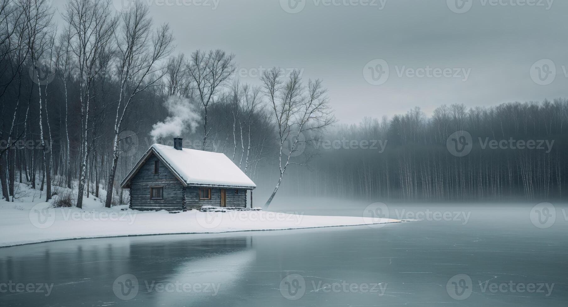 A small cabin sits on the edge of a frozen lake photo