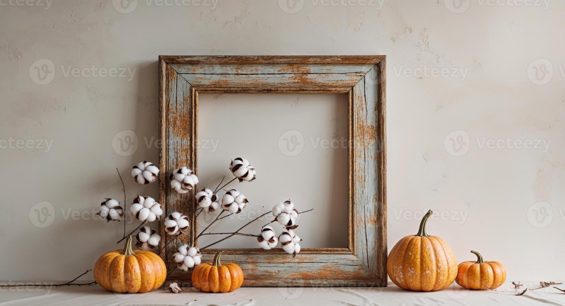 A frame with pumpkins and cotton on a white background photo