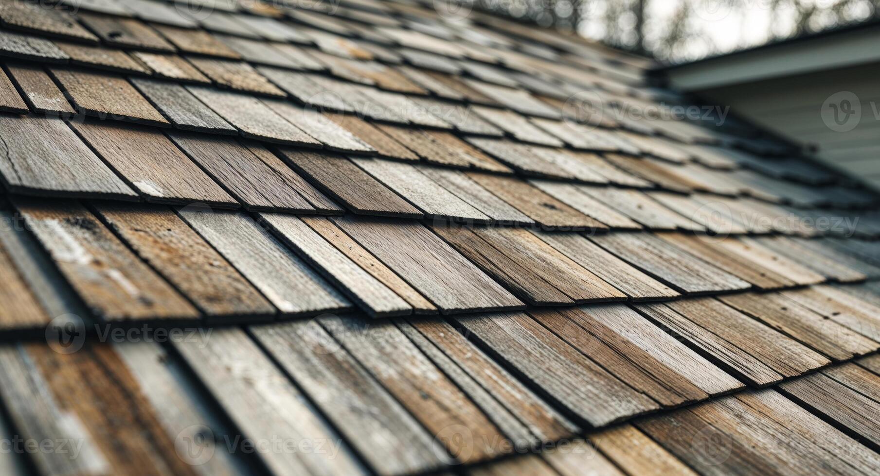 A close up of a wooden roof with shingles photo