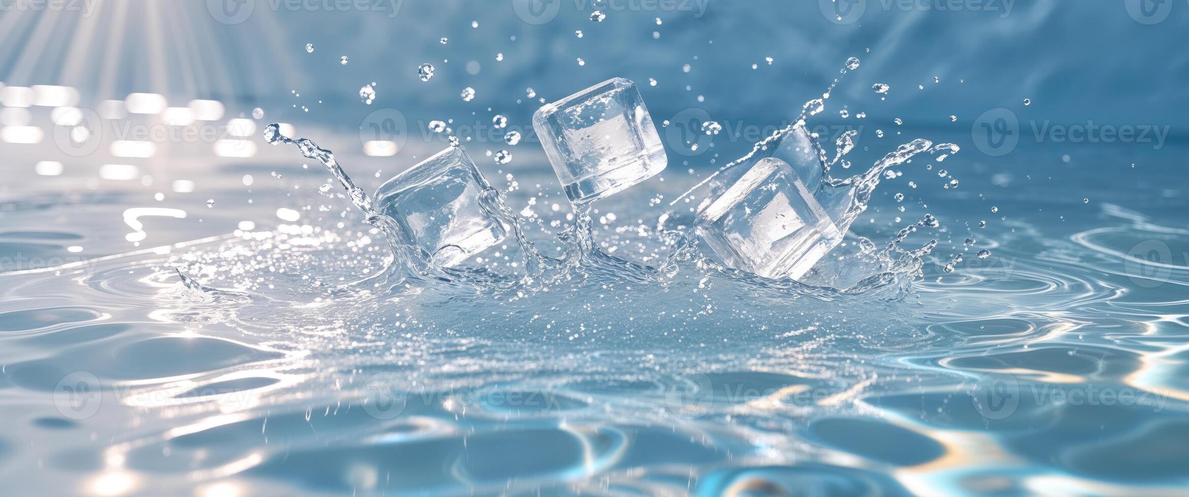 Ice cubes falling into water with sunlight shining through photo