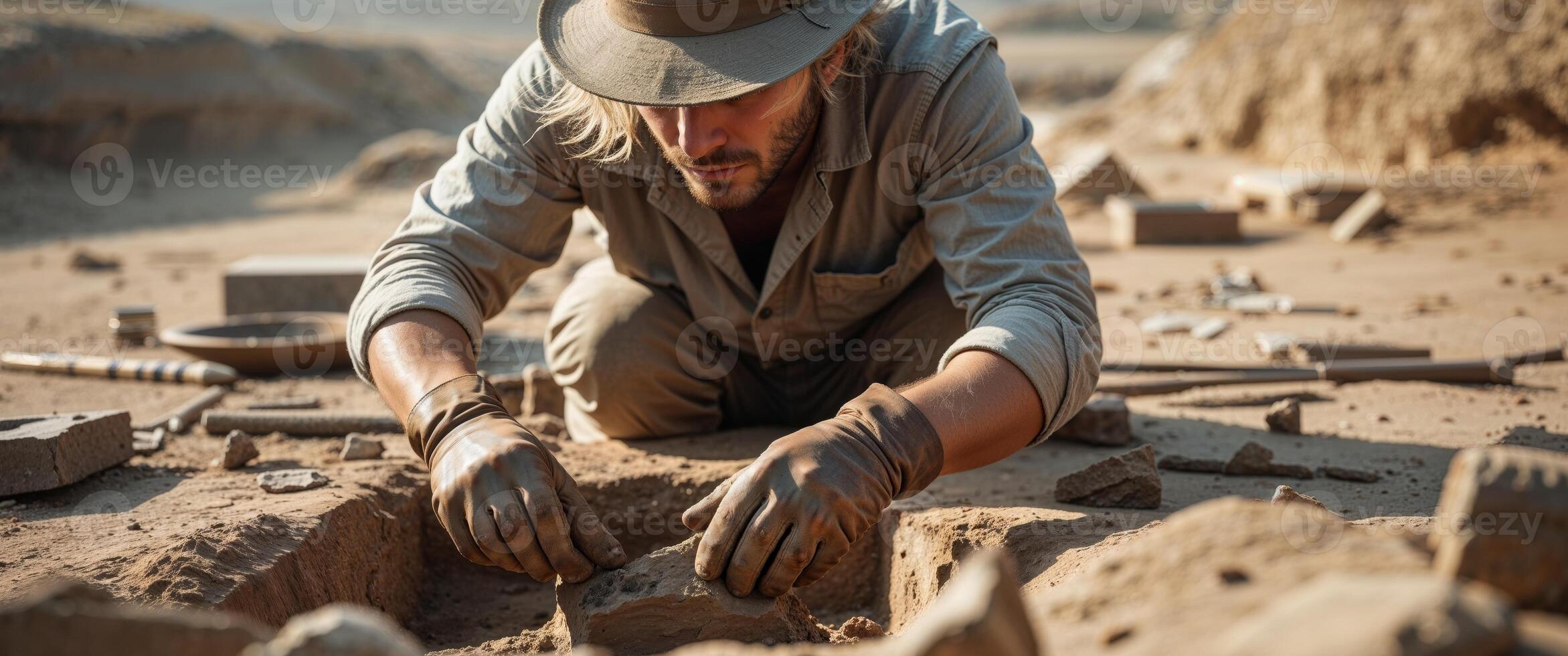 A man in a hat and hat digging in the dirt photo