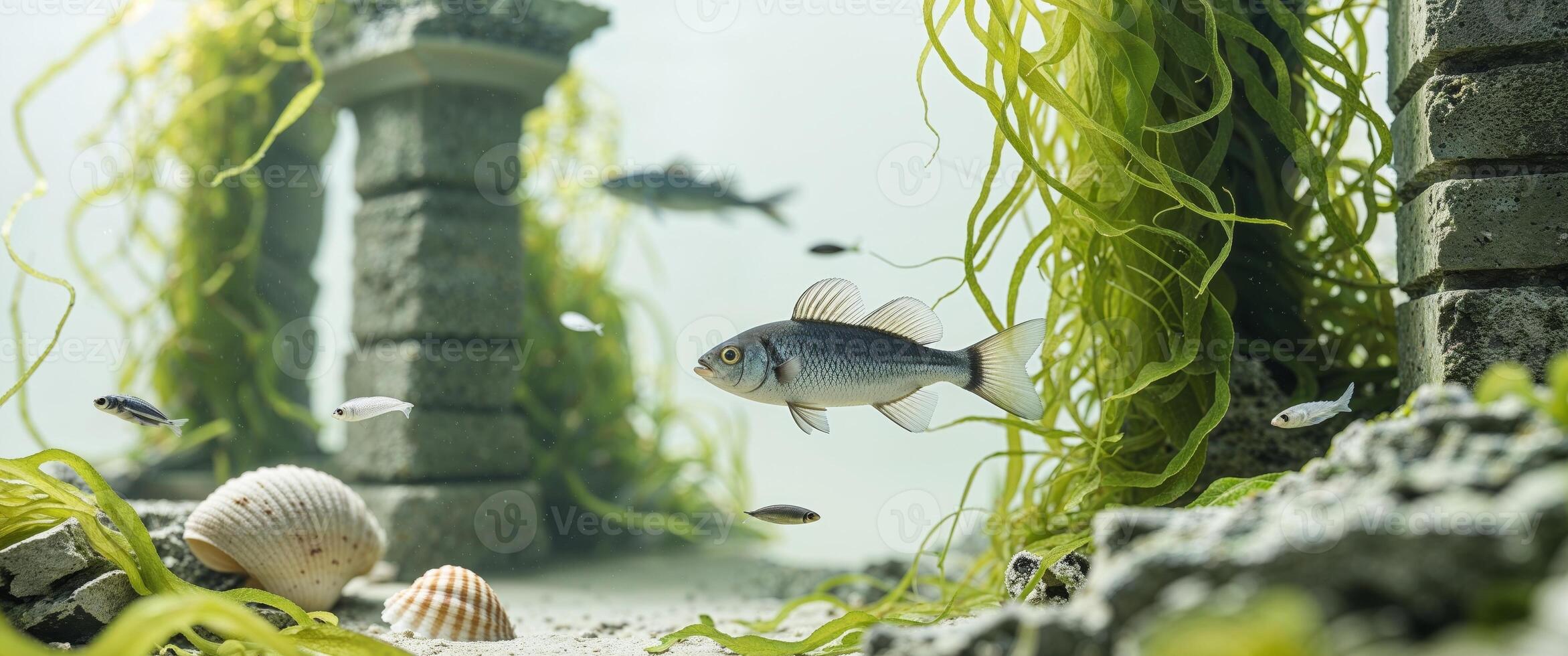 Fish in aquarium with seaweed and shells photo