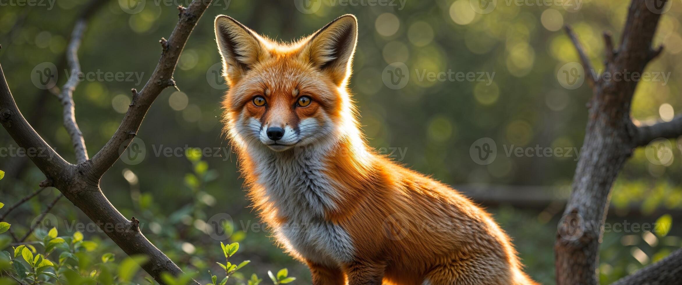 A red fox is sitting in the woods photo