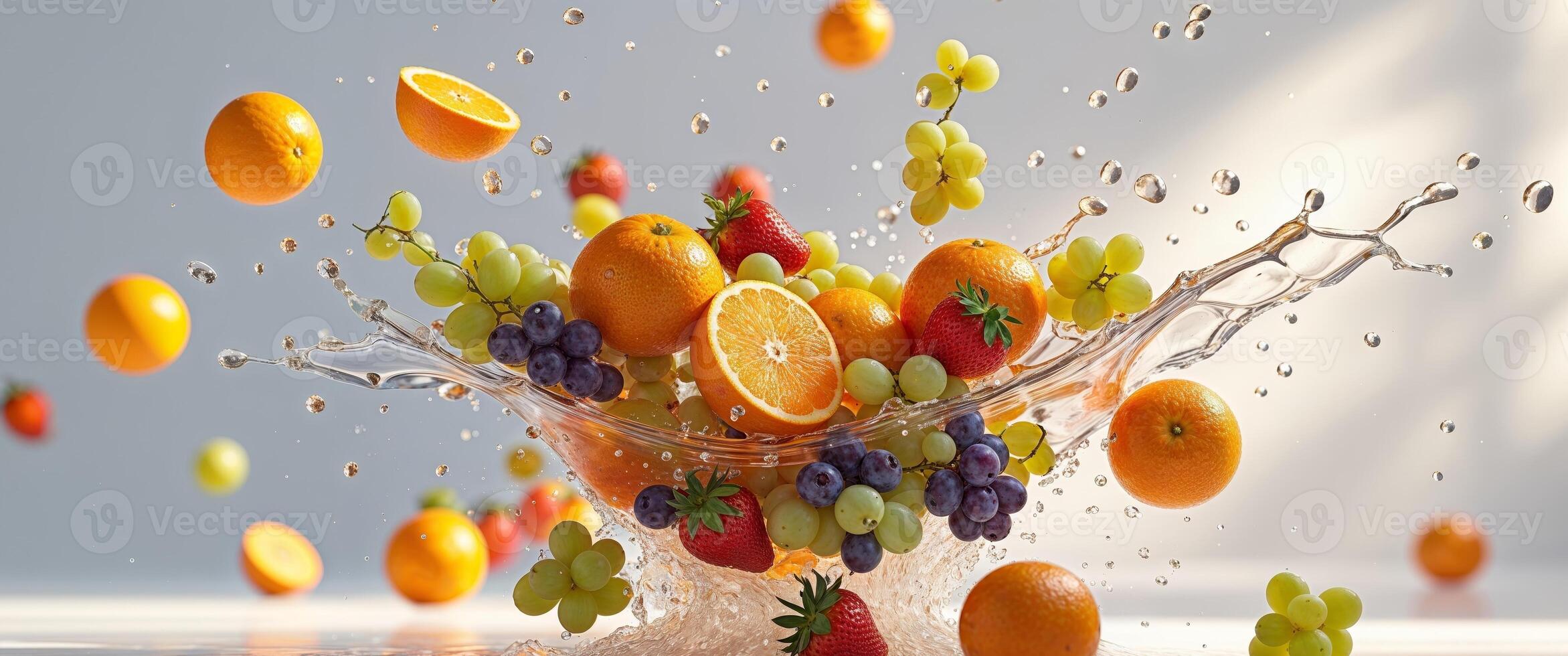 A bowl of fruit being splashed with water photo