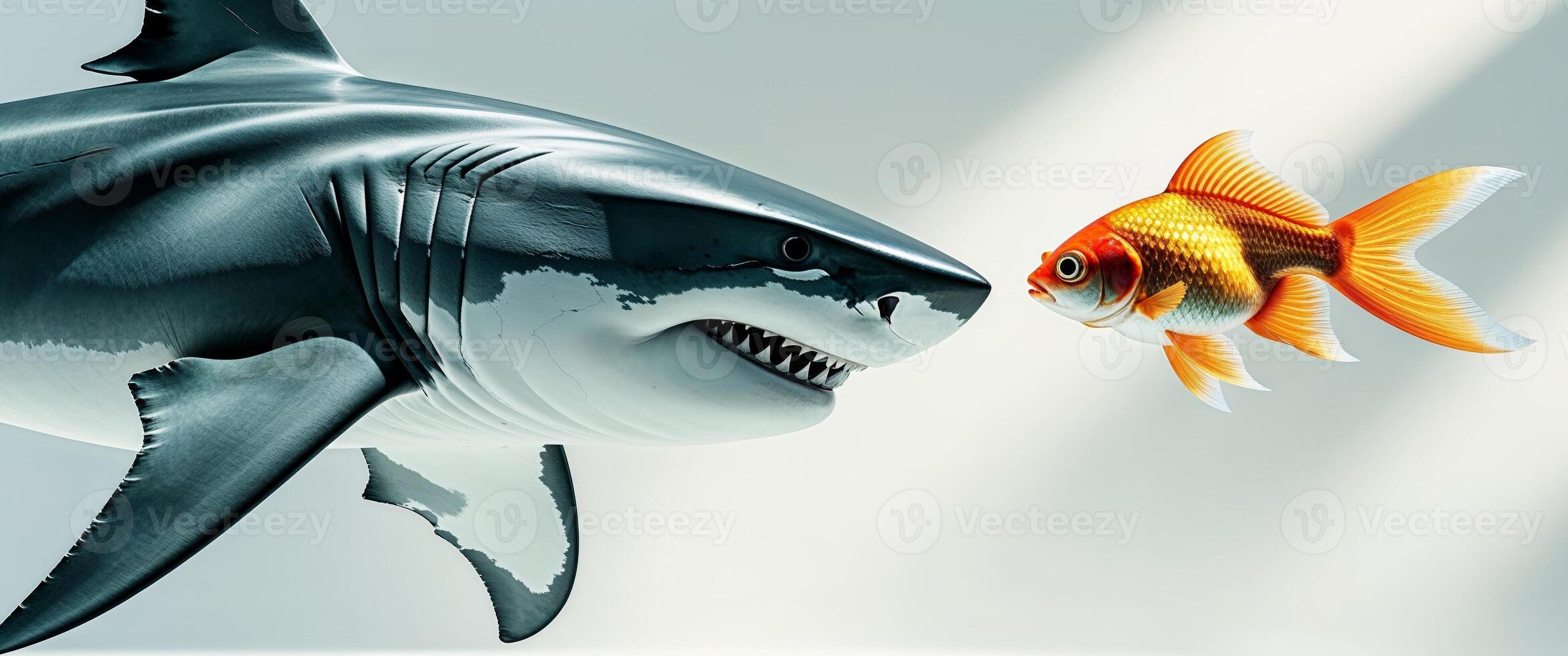 A shark and a goldfish are looking at each other photo