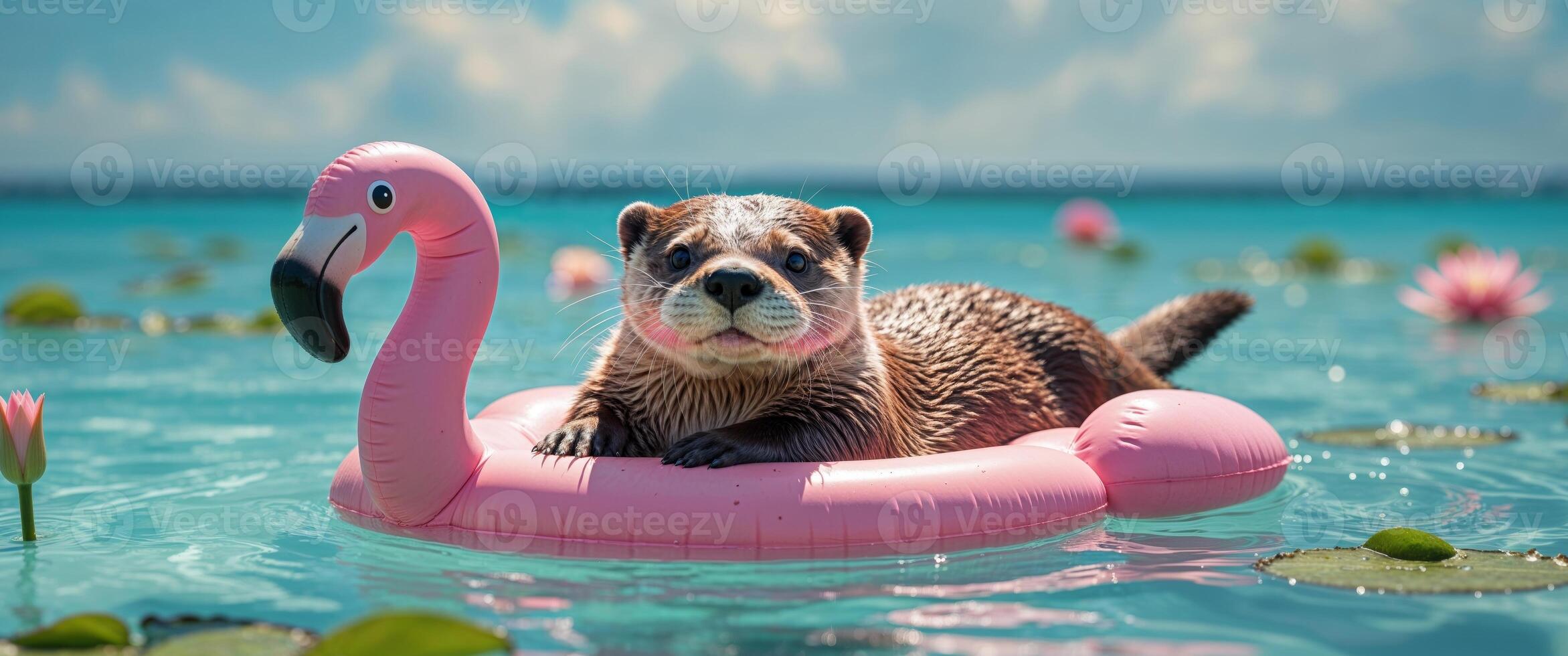 Otter floating on an inflatable float photo
