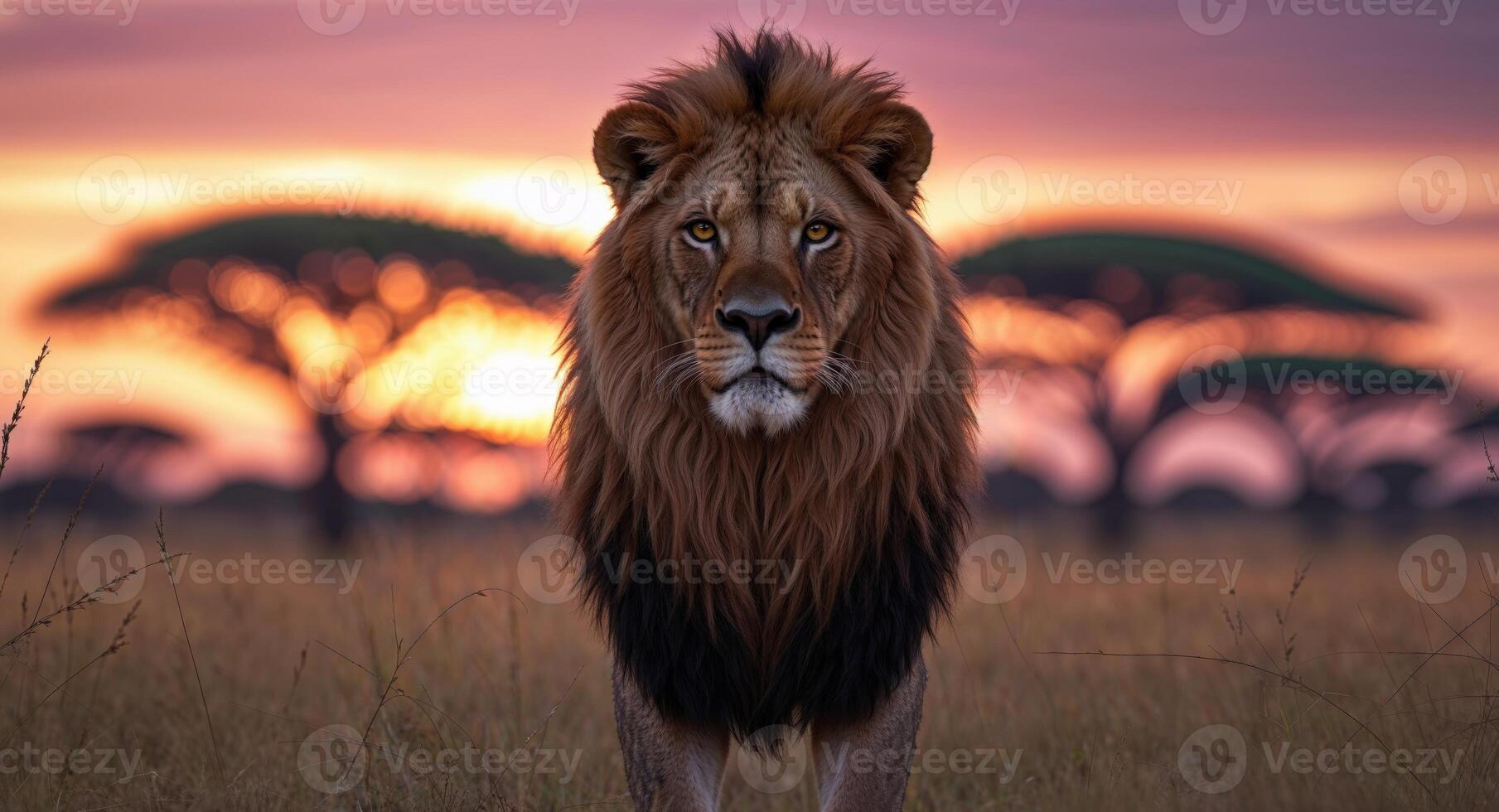 Majestic Lion at Sunset in African Savanna. photo