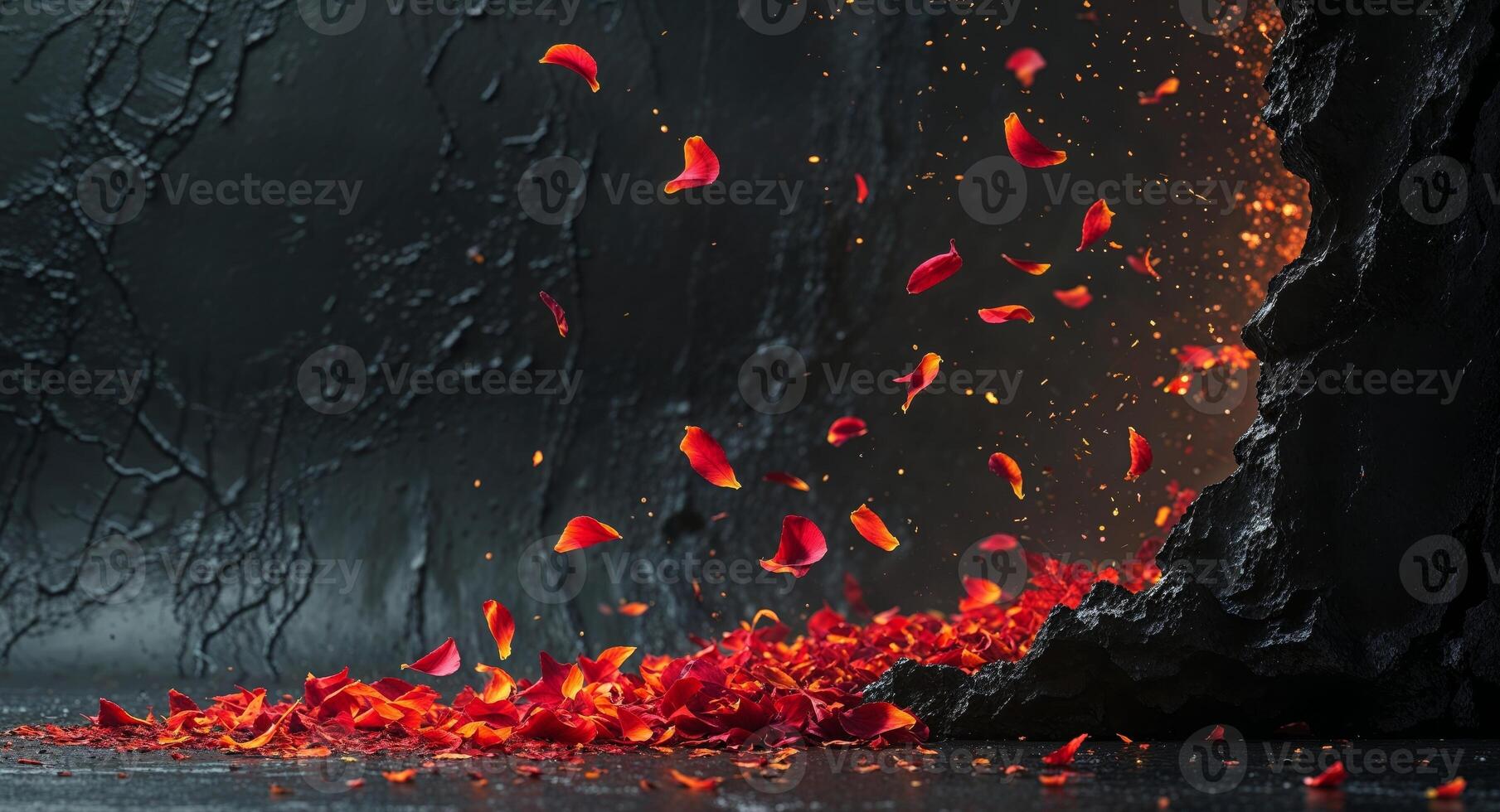 Dramatic and evocative scene with fiery petals and embers falling onto a dark textured background. photo