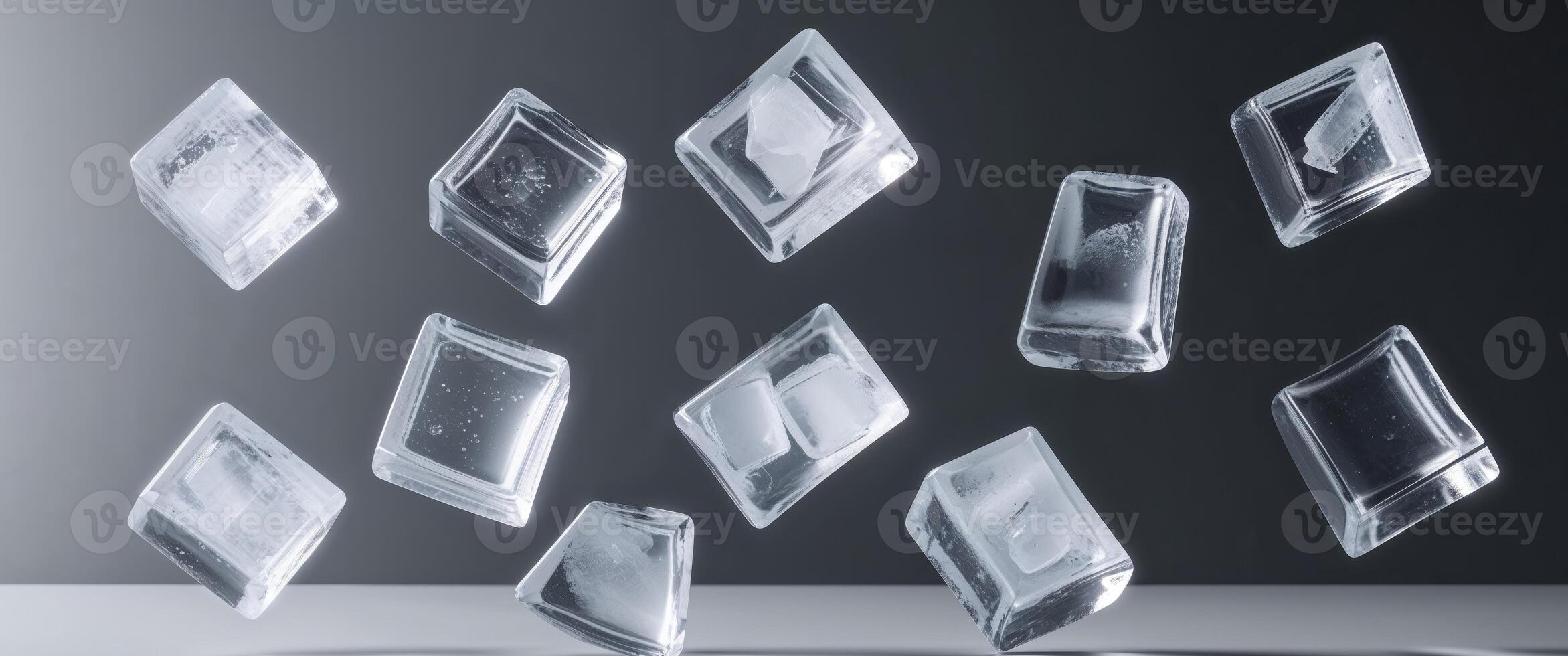 Nine ice cubes on black background various shapes and angles. photo