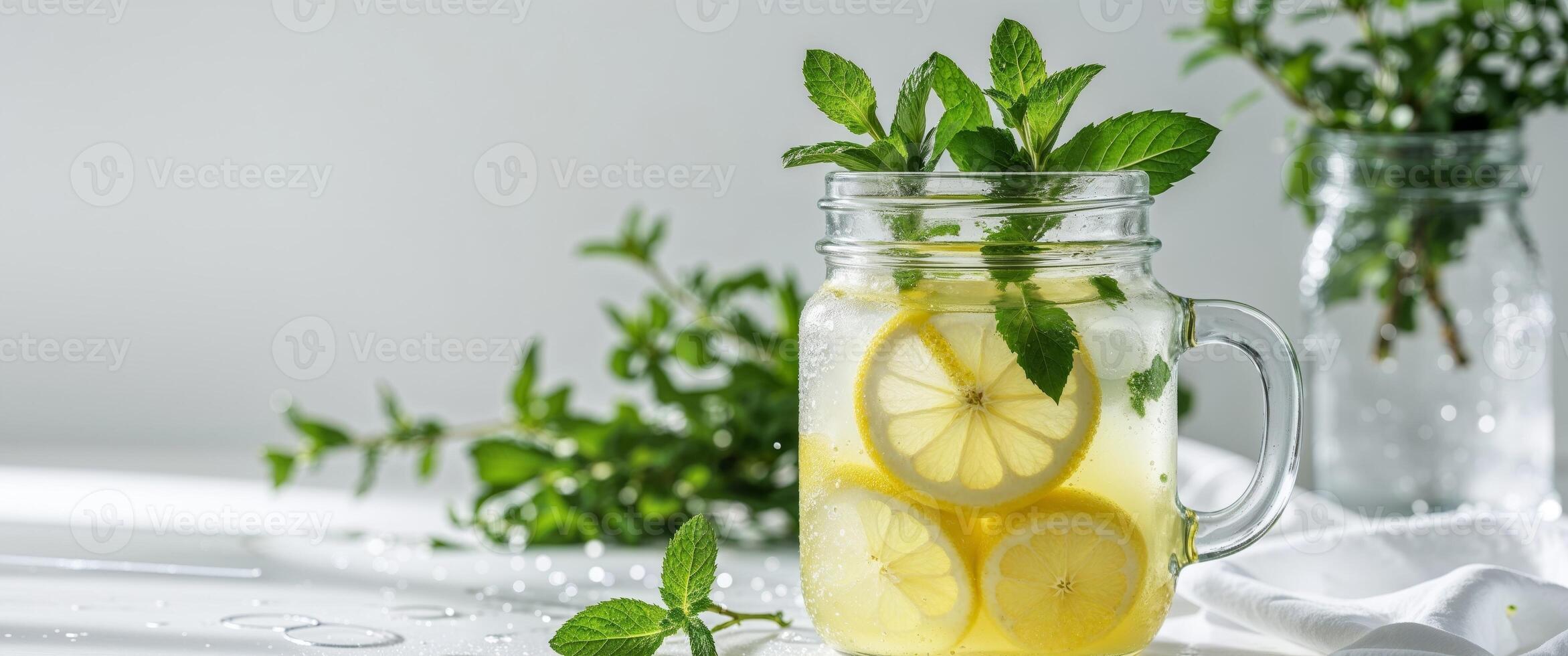 Refreshing Lemonade Drink in a Glass Jar with Mint and Herbal Touch - The Perfect Summer Beverage for Hydration and Enjoyment. photo