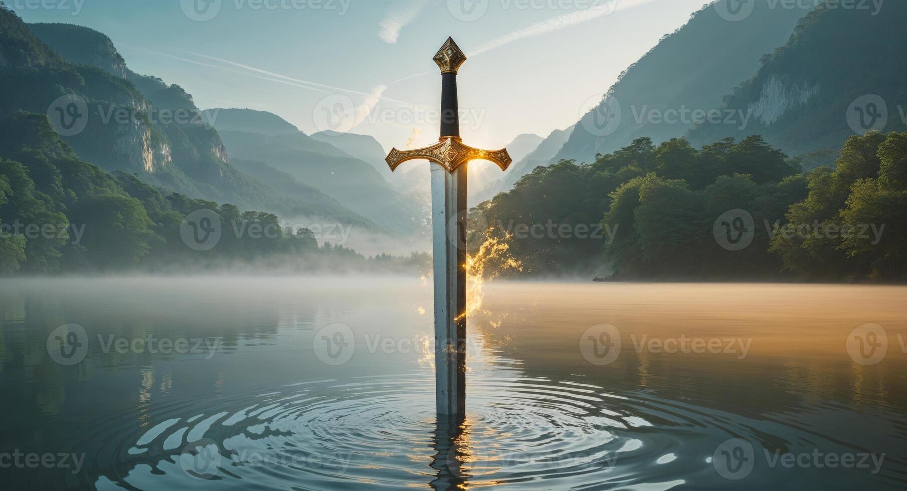 Epic Landscape with a Sword Emerged from Water Symbolizing Valor and Destiny in a Mystical Setting. photo