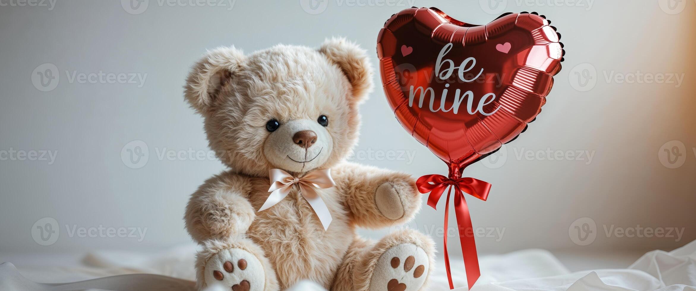 Adorable Teddy Bear Holding a Be Mine Balloon. photo