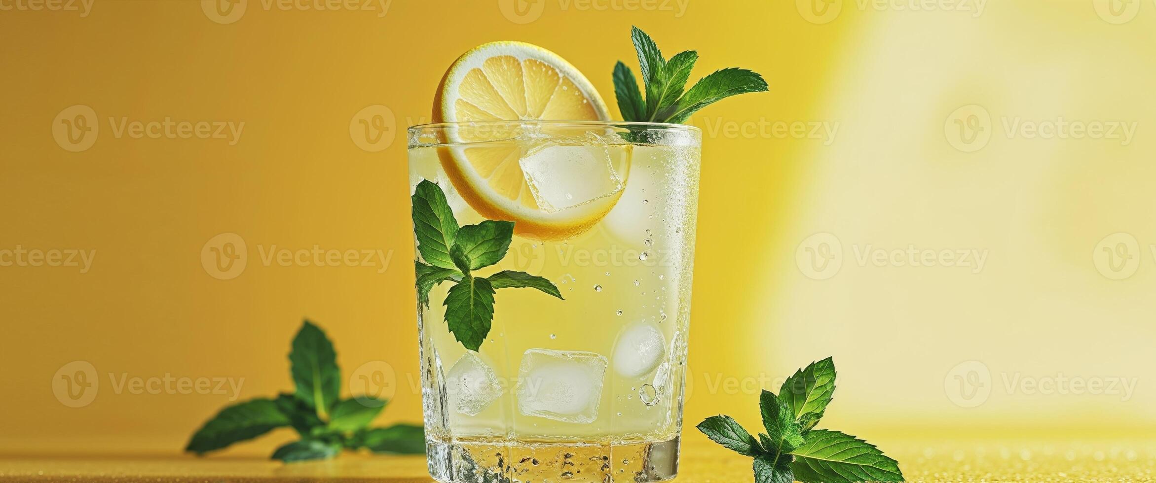 Refreshing Lemonade Beverage with Mint and Lemon Slice on Yellow Backdrop photo