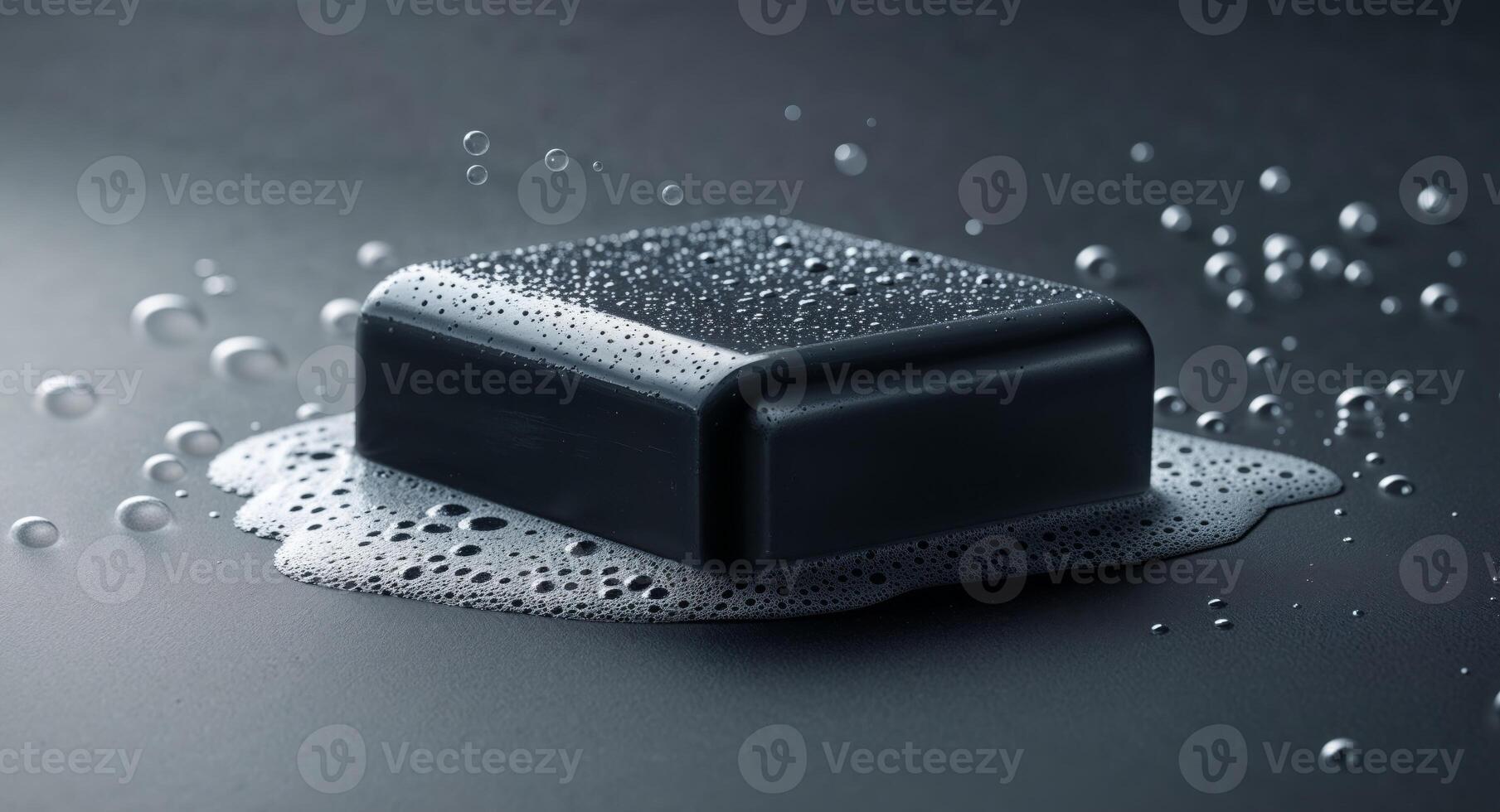 Black soap bar surrounded by white bubbles on a dark surface with a smooth texture and ample copy space for text placement. photo