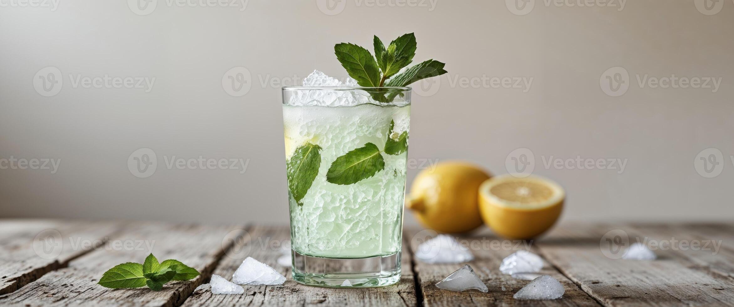 Refreshing lemonade with ice and mint on a wooden table. photo