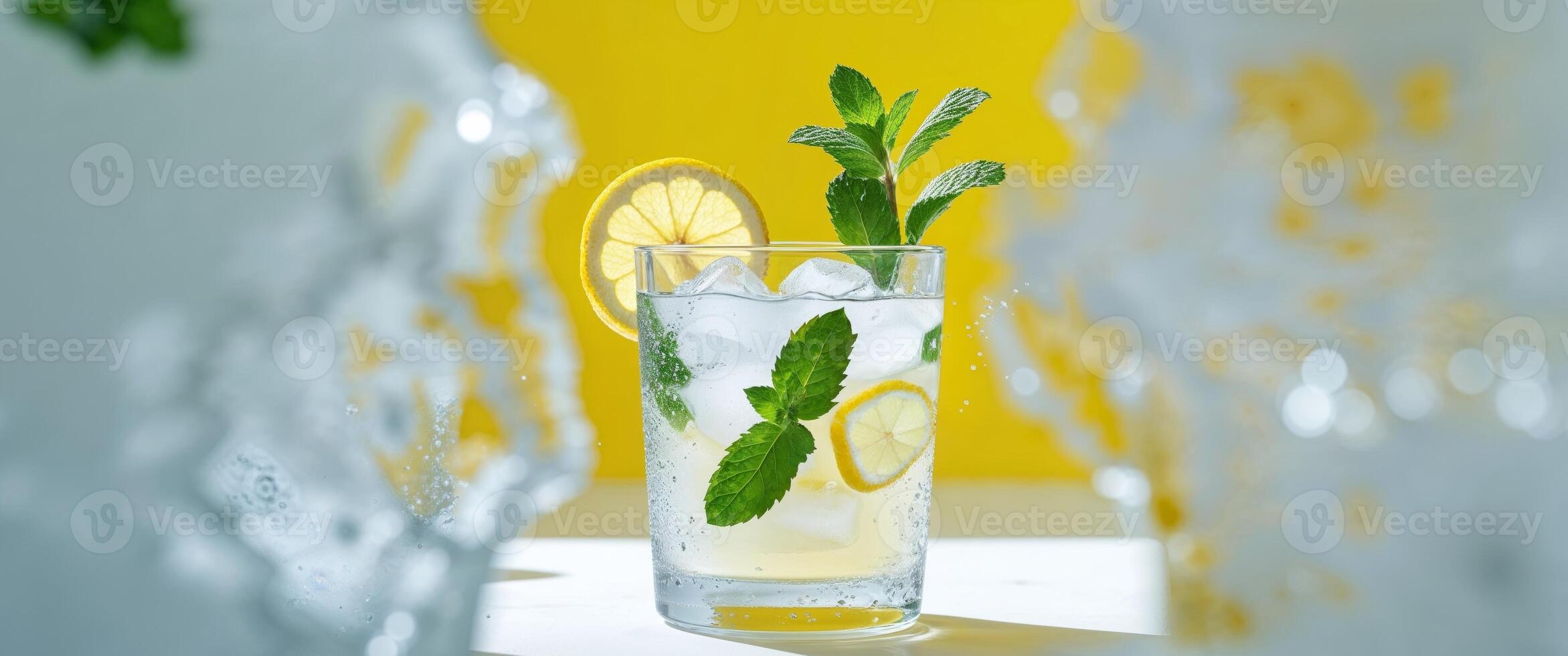 Refreshing Lemonade Beverage with Mint and Lemon Slice on Yellow Backdrop. photo