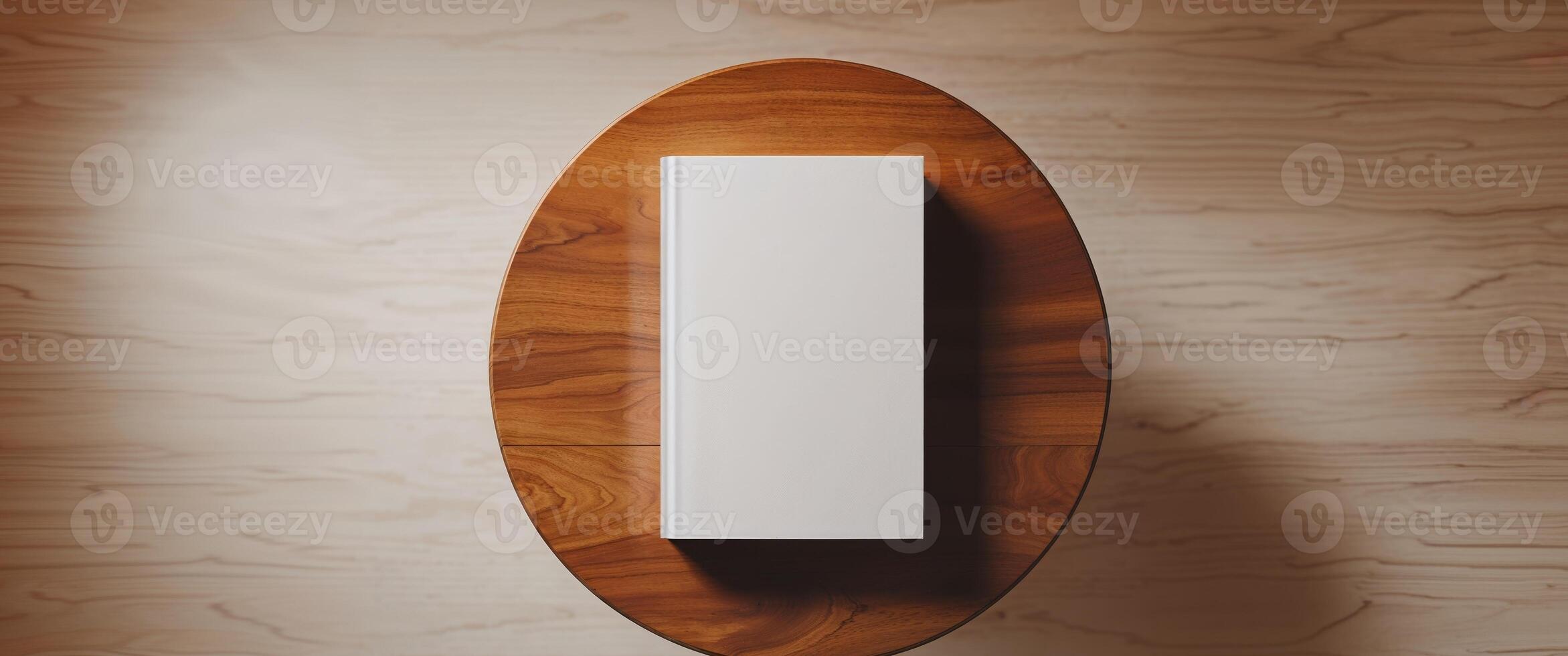 Flat lay of a white book mockup on a warm wooden table with a cozy ambiance. photo