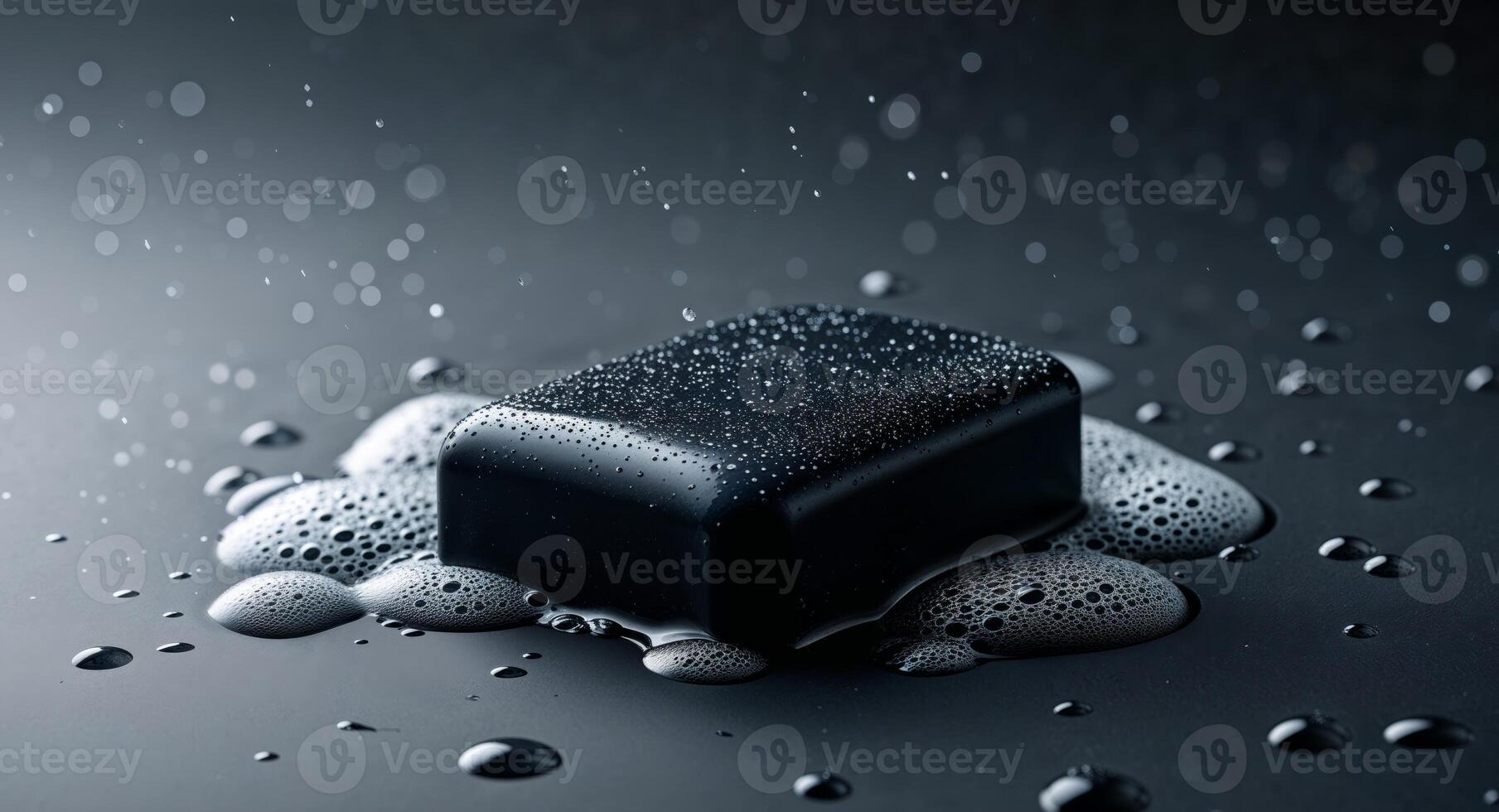 A black cube with water and bubbles on it photo
