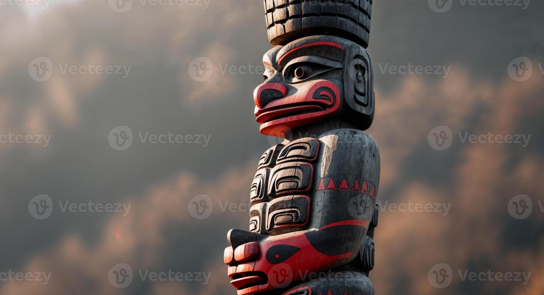 A totem pole with a red and black design photo