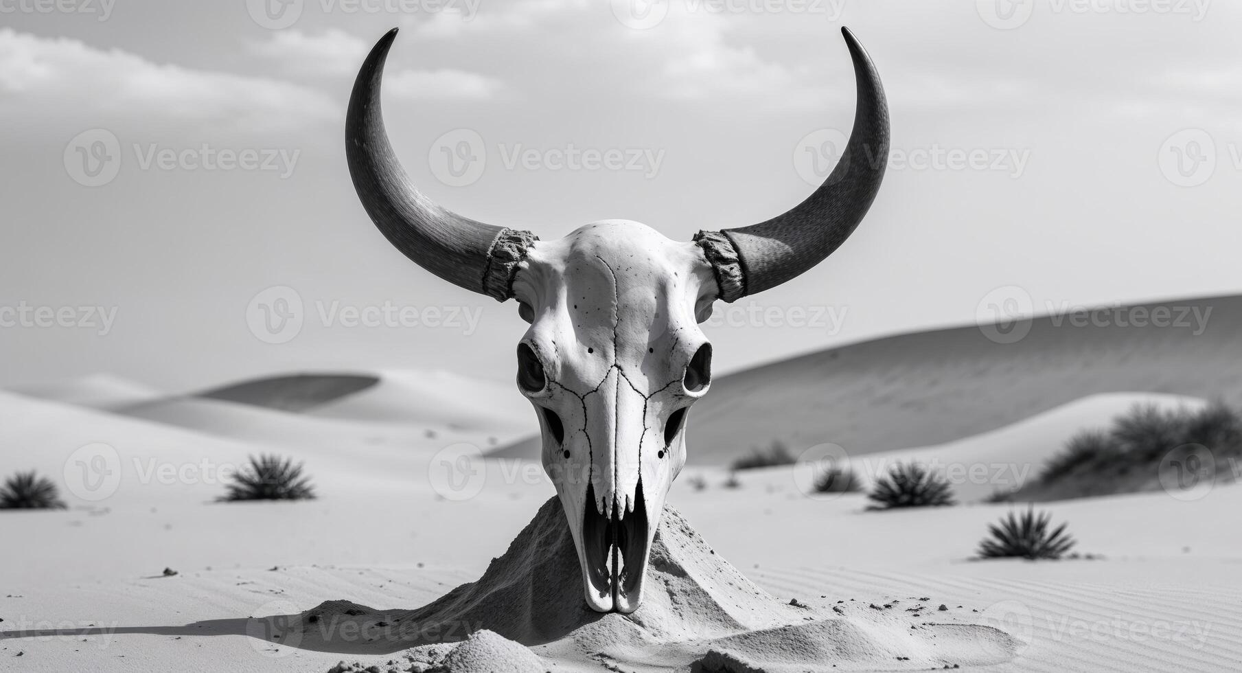 A bull skull in the desert with a large horn photo