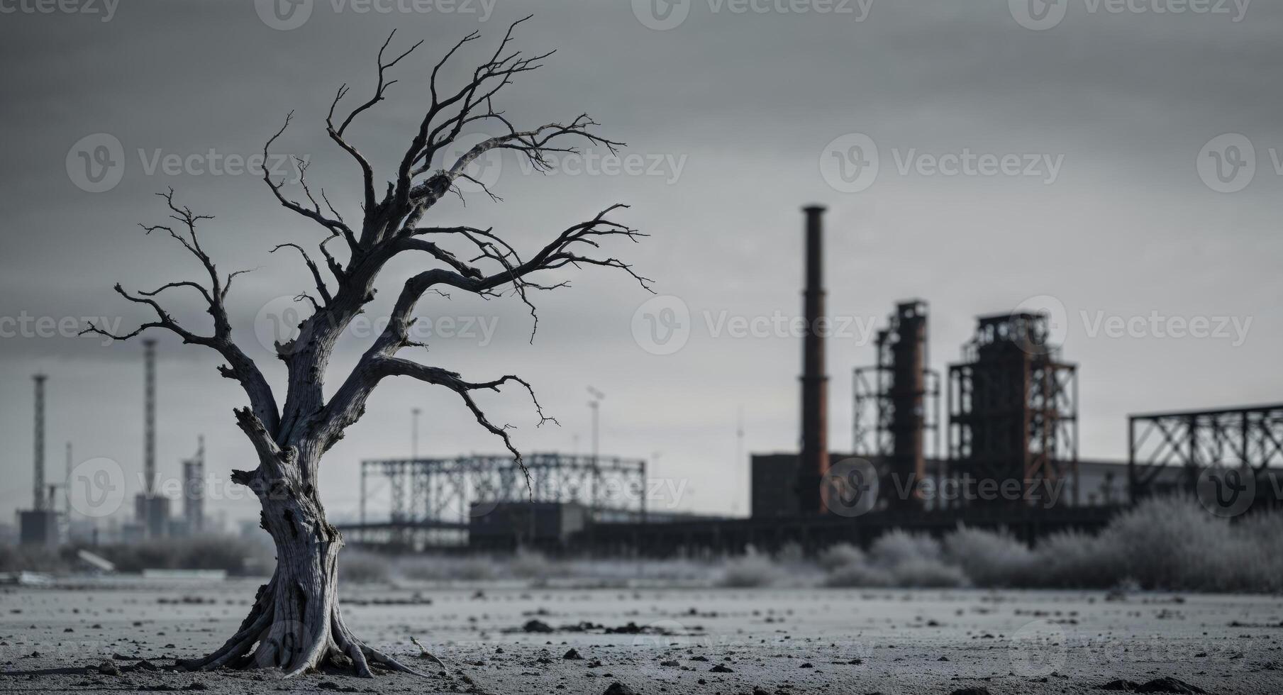 A dead tree in front of an old factory photo