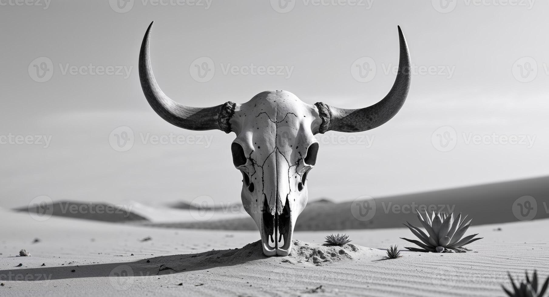 A bull skull in the desert with a cactus in the background photo