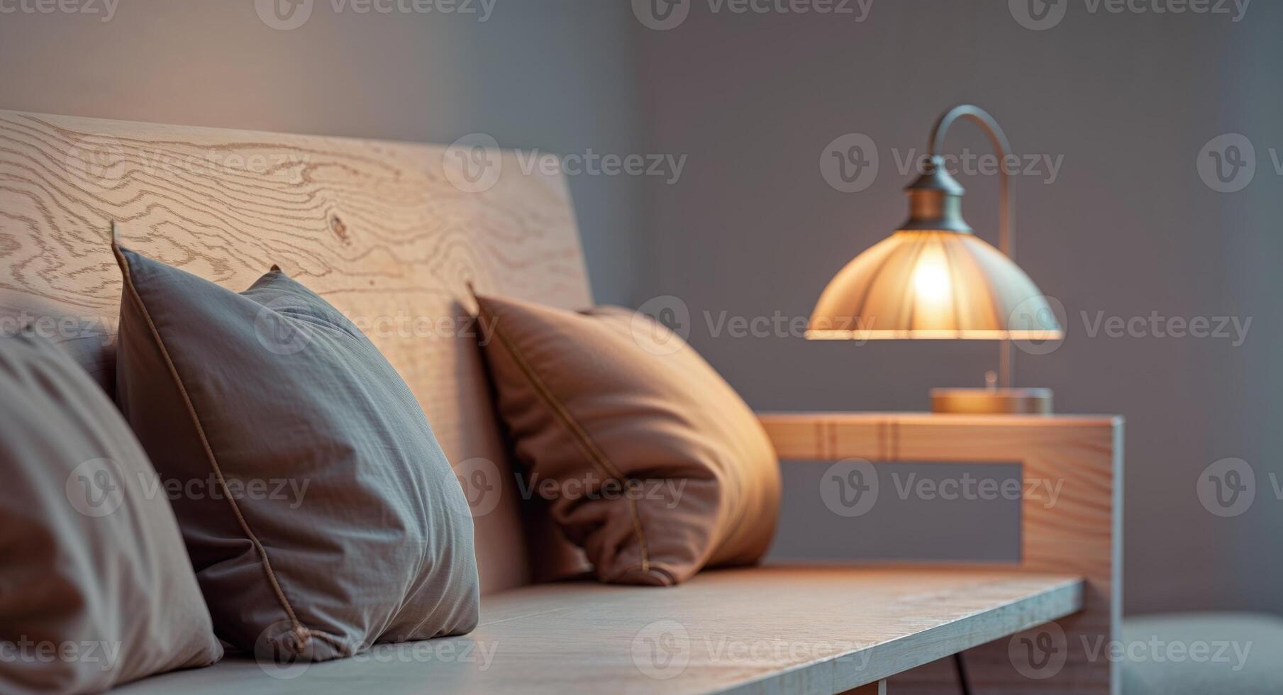 A serene virtual background of a tranquil study area with light wood furniture cozy cushions and a soft glow from a nearby lamp photo