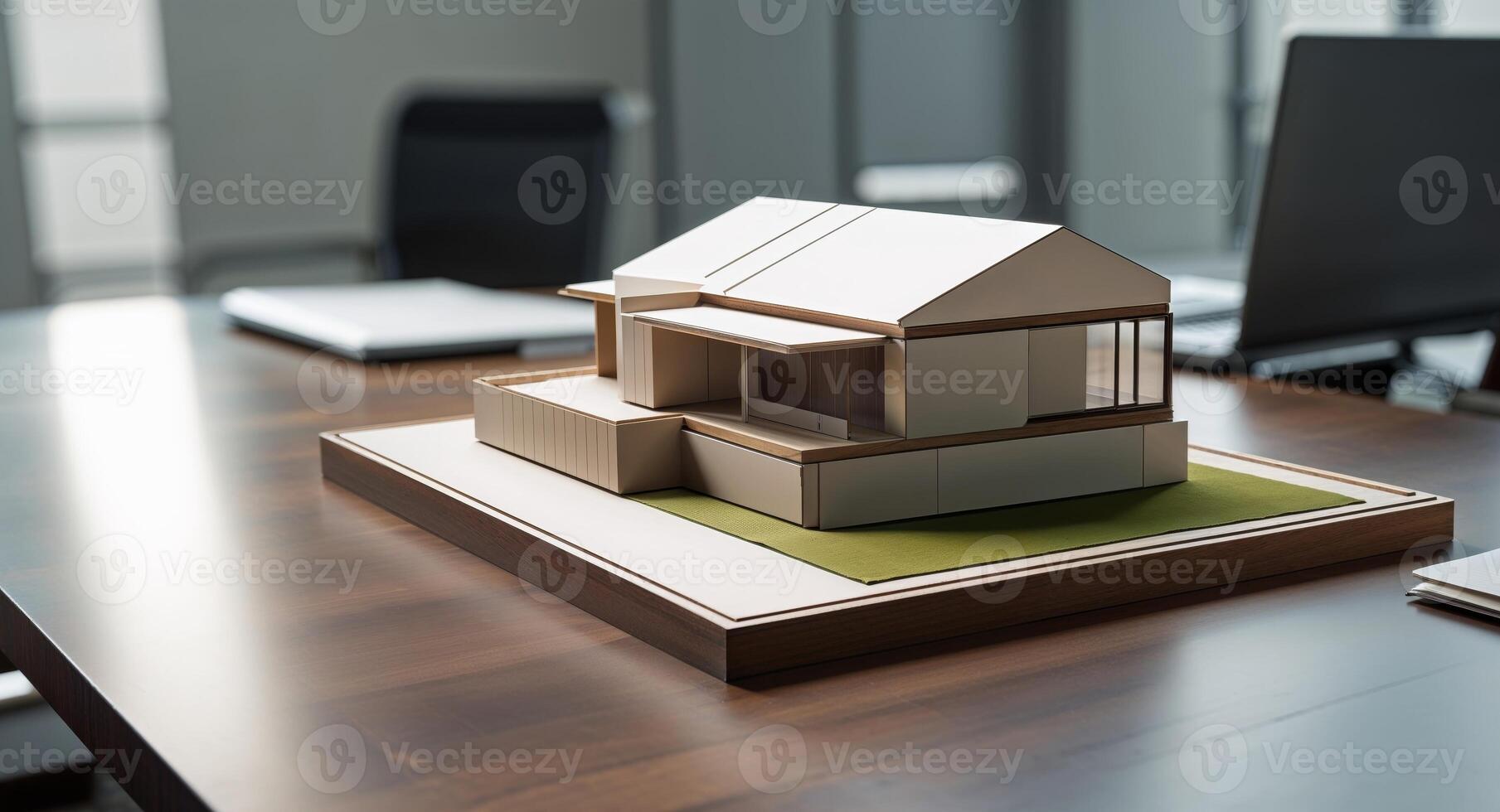 Model of a house on a table representing project management and teamwork concepts in an office setting photo