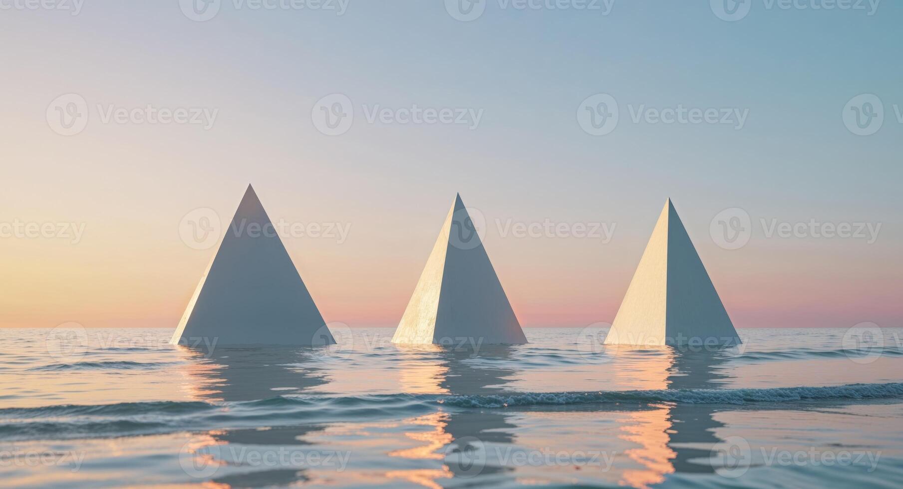 Three Triangular Structures Reflecting in Calm Ocean Water at Sunrise photo