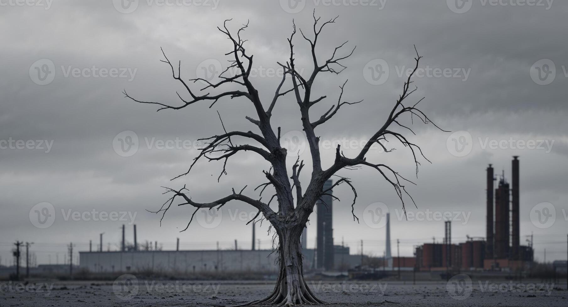 Dead tree in a desolate landscape with industrial structures in the background. photo
