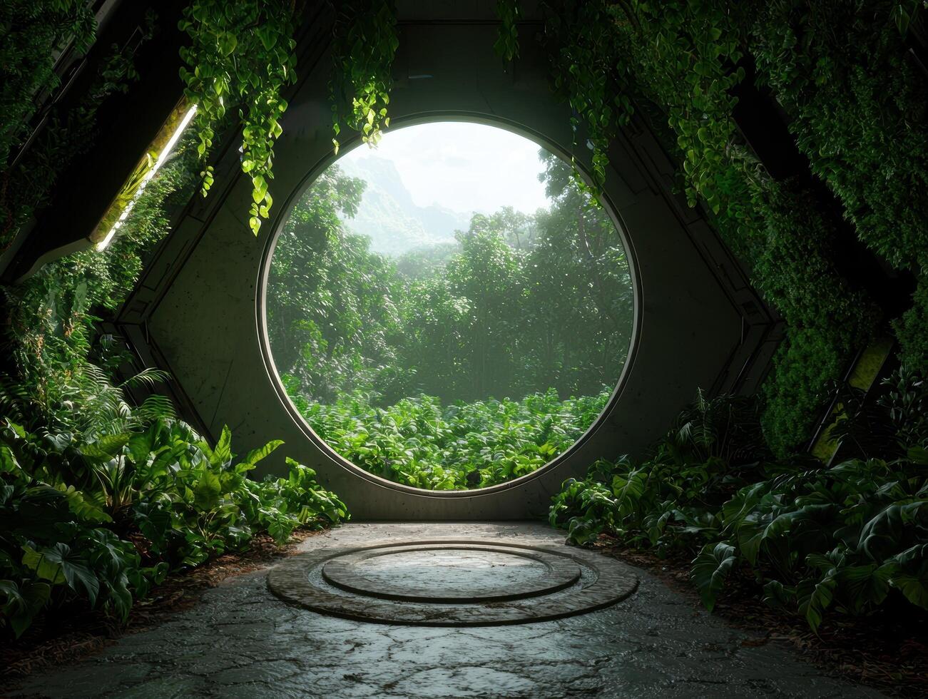 Futuristic portal to a lush green forest photo