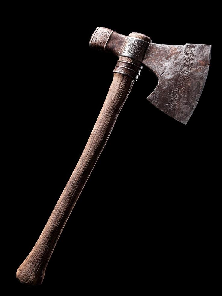 A rustic battle axe with intricate carvings and a wooden handle photo