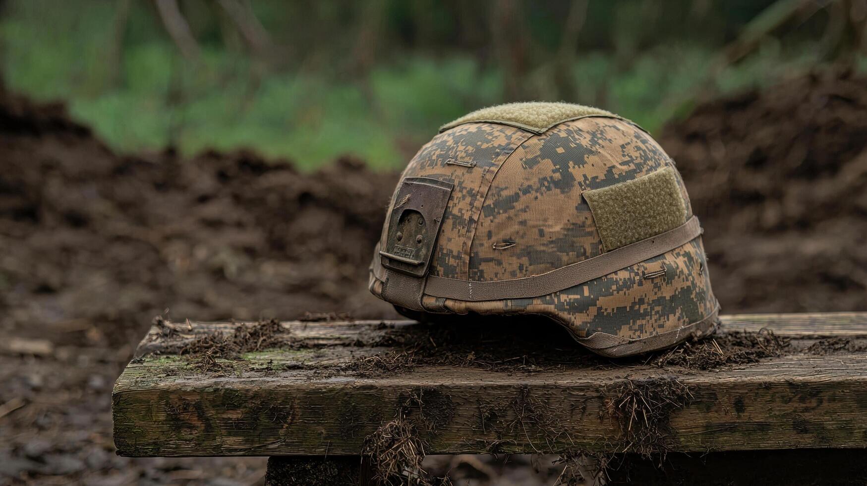 Camouflage military helmet on a wooden surface in an outdoor setting photo