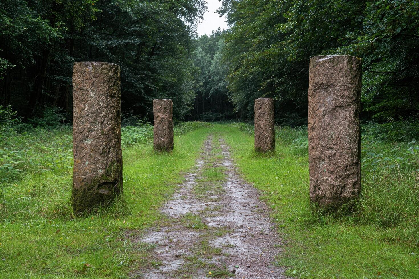 Mystical stone pillars line a forest path photo