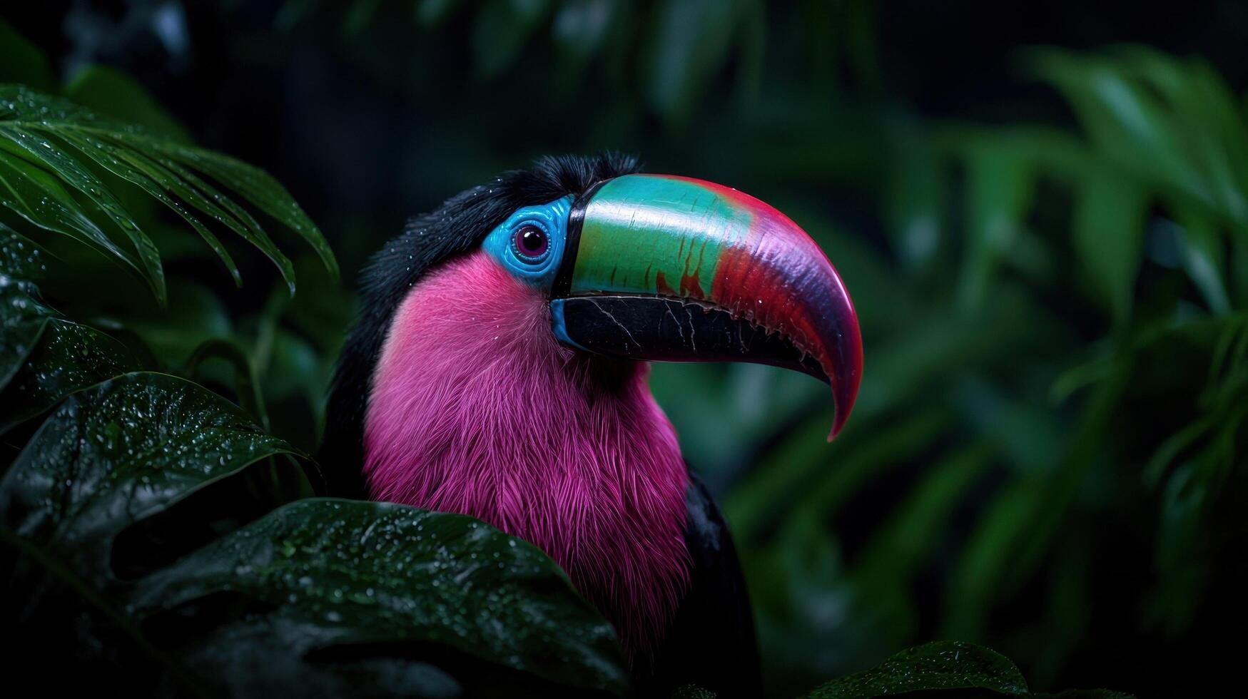 A colorful toucan sits among lush jungle foliage photo