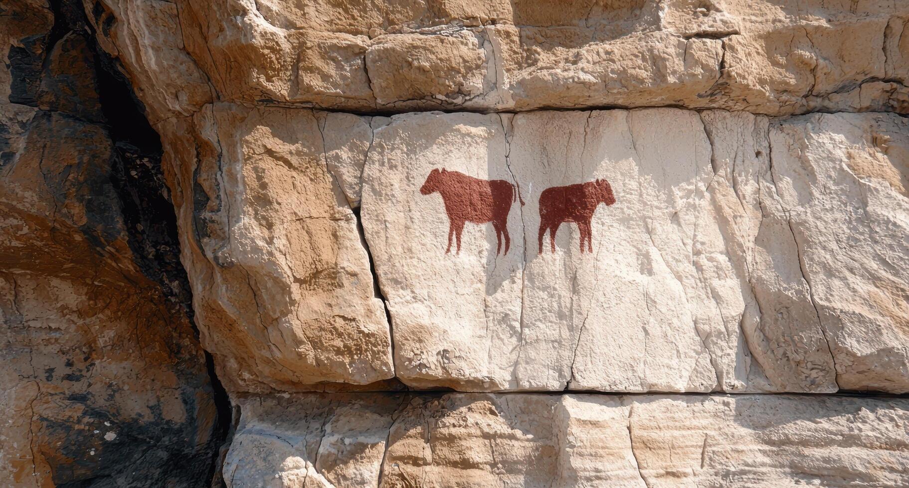 Ancient cave painting of cattle on a rock wall photo
