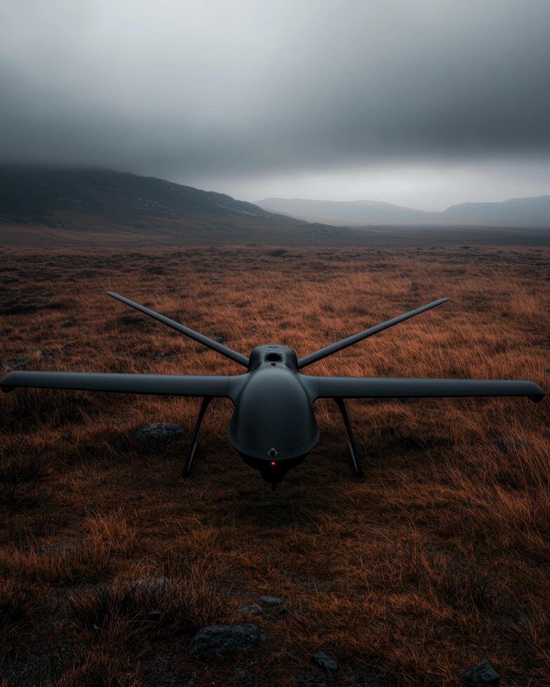 A black drone sits in a grassy field under a cloudy sky photo