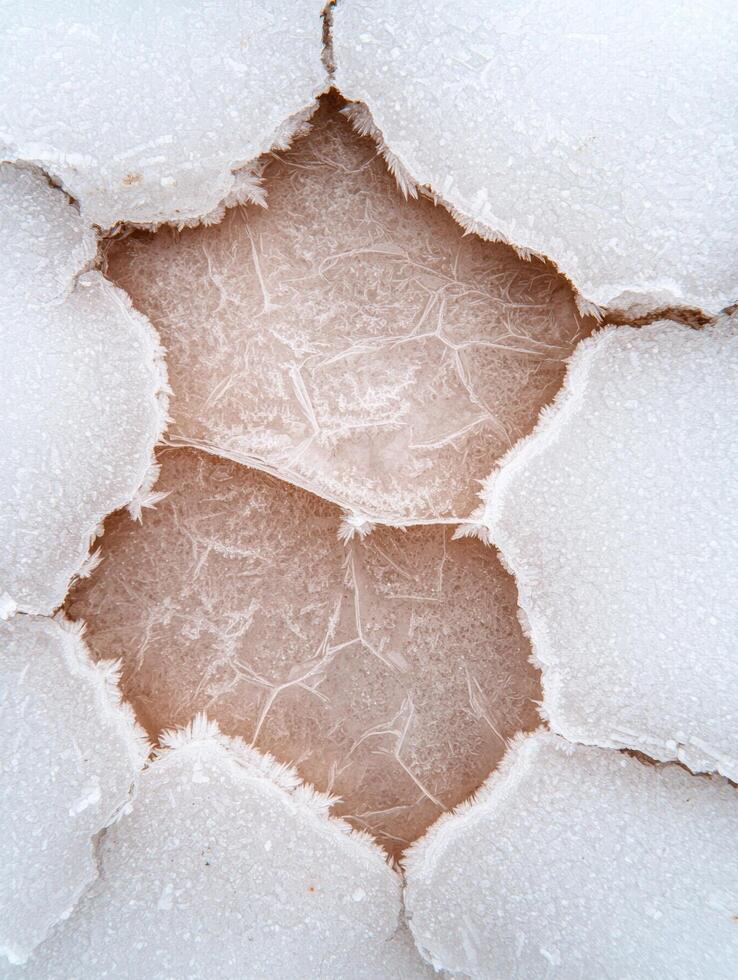 Close up of cracked ice with crystalline patterns photo