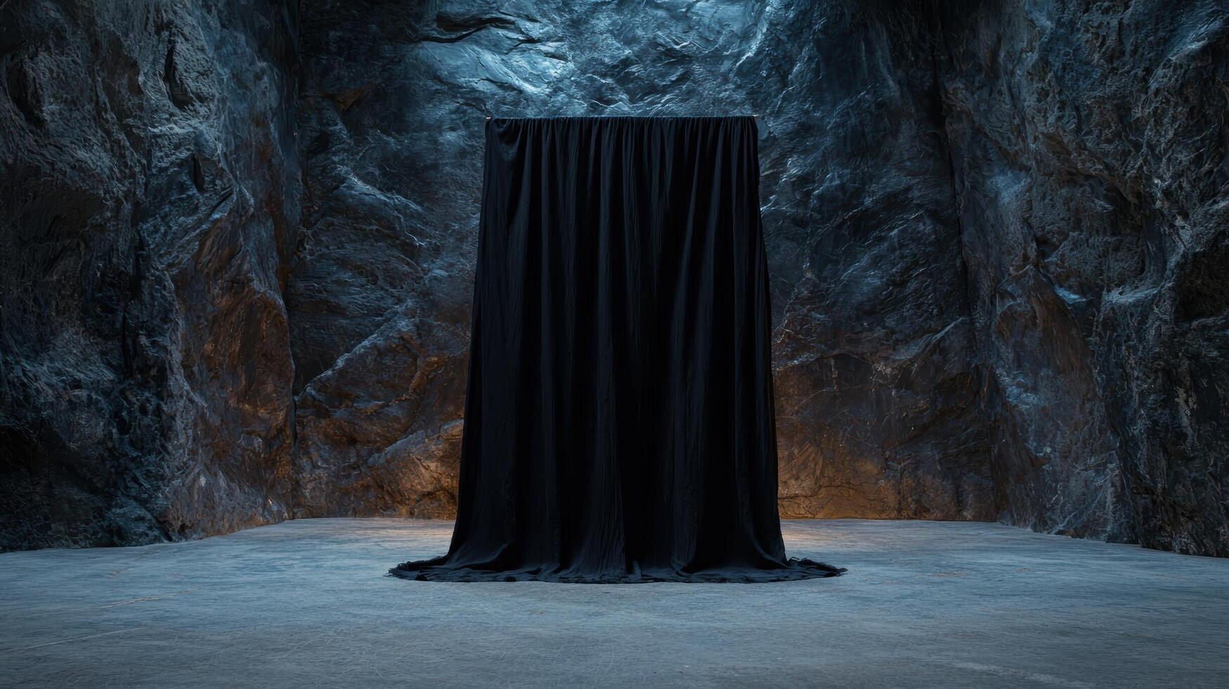 Mysterious black curtain in a dark cave setting photo