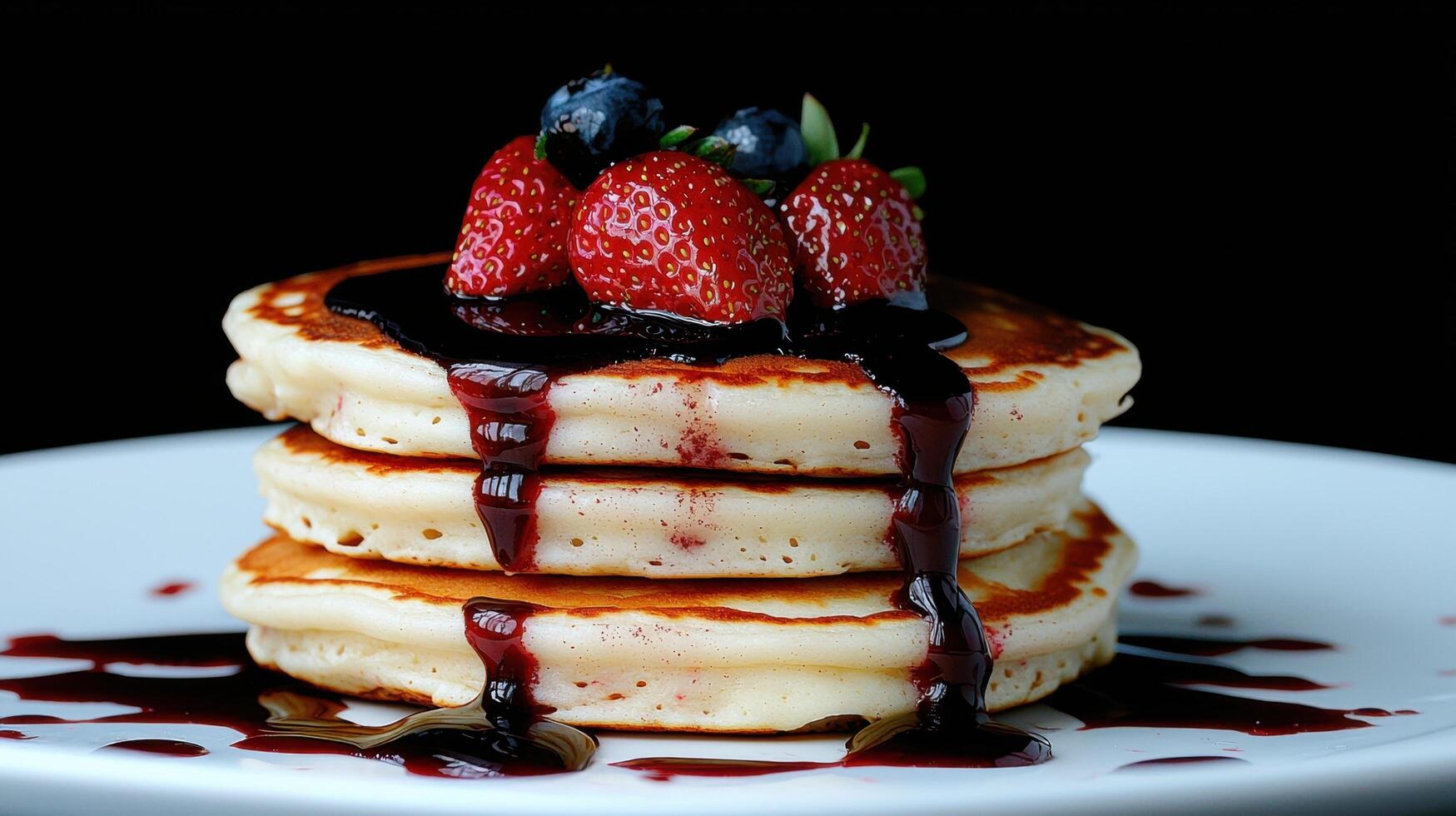 A stack of pancakes topped with fresh berries and syrup photo