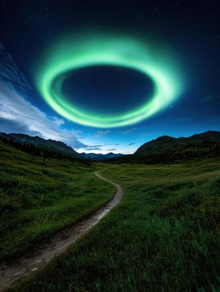 A trail leads through a green valley under a ring of aurora lights photo