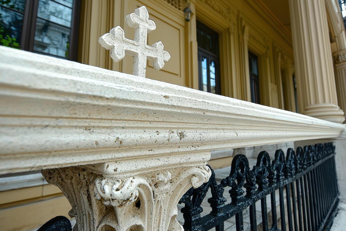 Architectural detail of a building with a cross on a railing photo