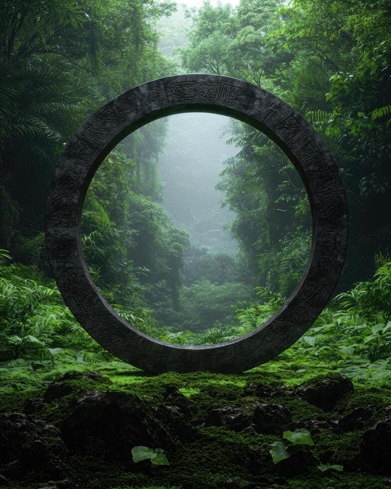 Mysterious stone portal in a lush jungle environment. photo