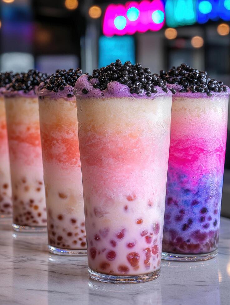 many colorful bubble tea drinks with tapioca pearls. photo